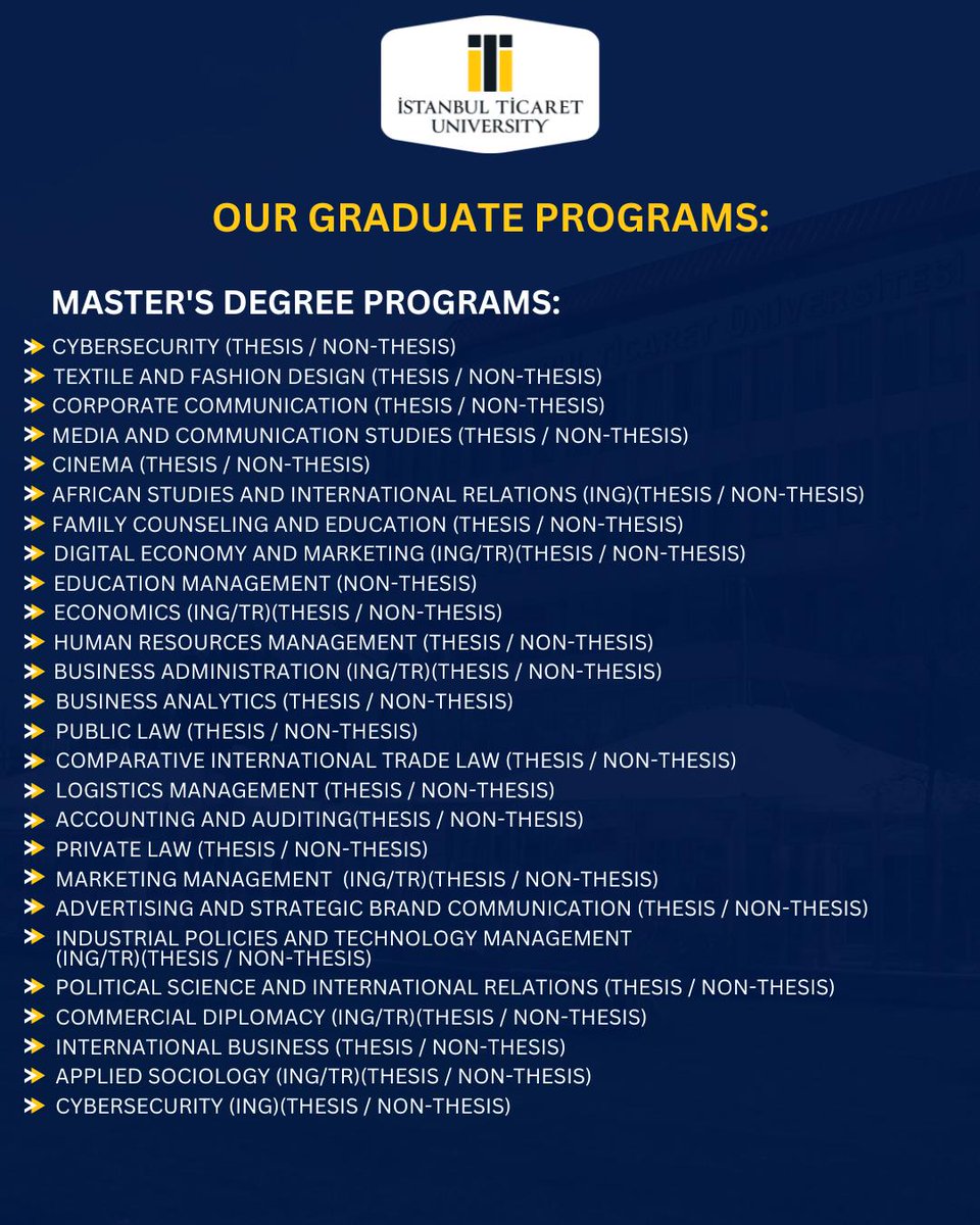 TicaretInt's tweet photo. 🌍 Join a global academic community.
Apply now for Master’s and PhD programs – Spring 2025–2026.

#istanbulticaretuniversity #internationalstudents #studyinistanbul #phdprograms #mastersdegree https://t.co/z0200YpuqB