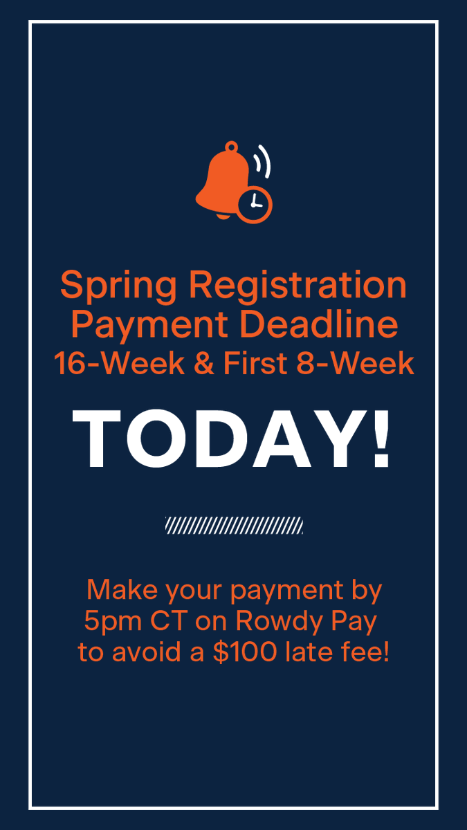 ⏰ Tuition and fees are due TODAY by 5pm CT for those registered in the 16-week and first 8-week terms. You can make payment arrangements on Rowdy Pay (my.utsa.edu).