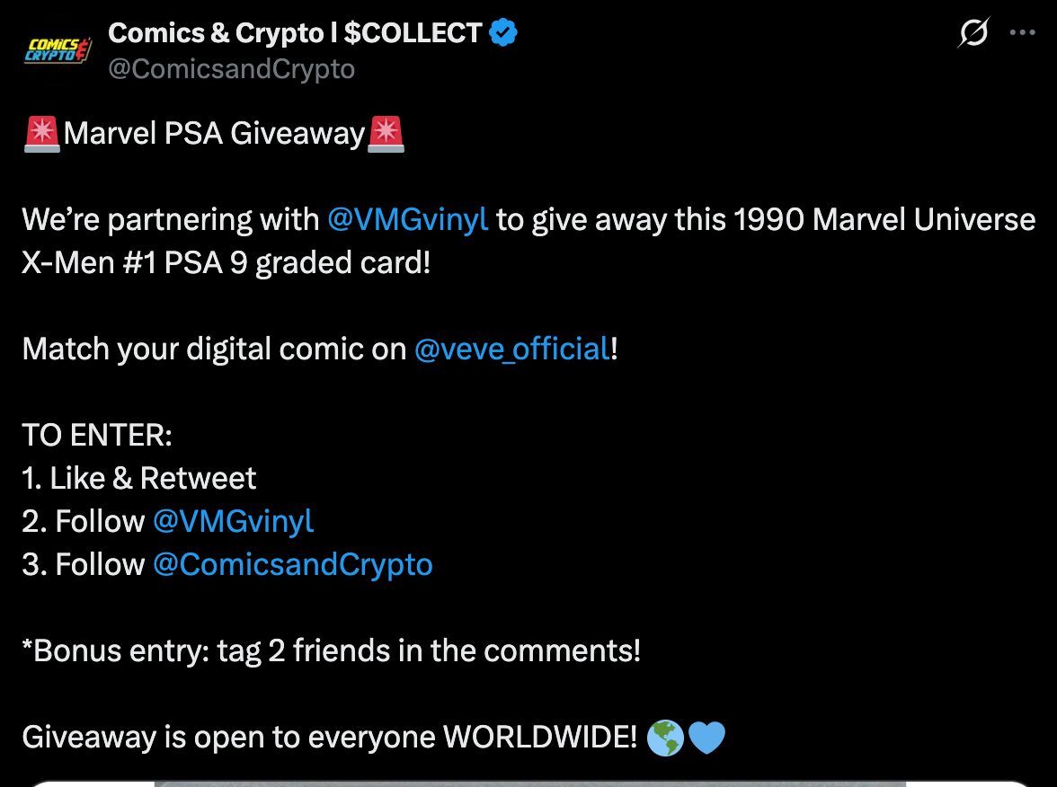 🚨 Marvel PSA Giveaway 🚨

We’re partnering with <a href="/ComicsandCrypto/">Comics & Crypto l $COLLECT</a> to give away a 1990 Marvel Universe X-Men #1 — PSA 9 graded.

To enter:
✔ Like &amp; repost
✔ Follow <a href="/VMGvinyl/">VMG Vinyl</a>
✔ Follow <a href="/ComicsandCrypto/">Comics & Crypto l $COLLECT</a>

Bonus: Tag 2 friends for an extra entry.
Open worldwide 🌎