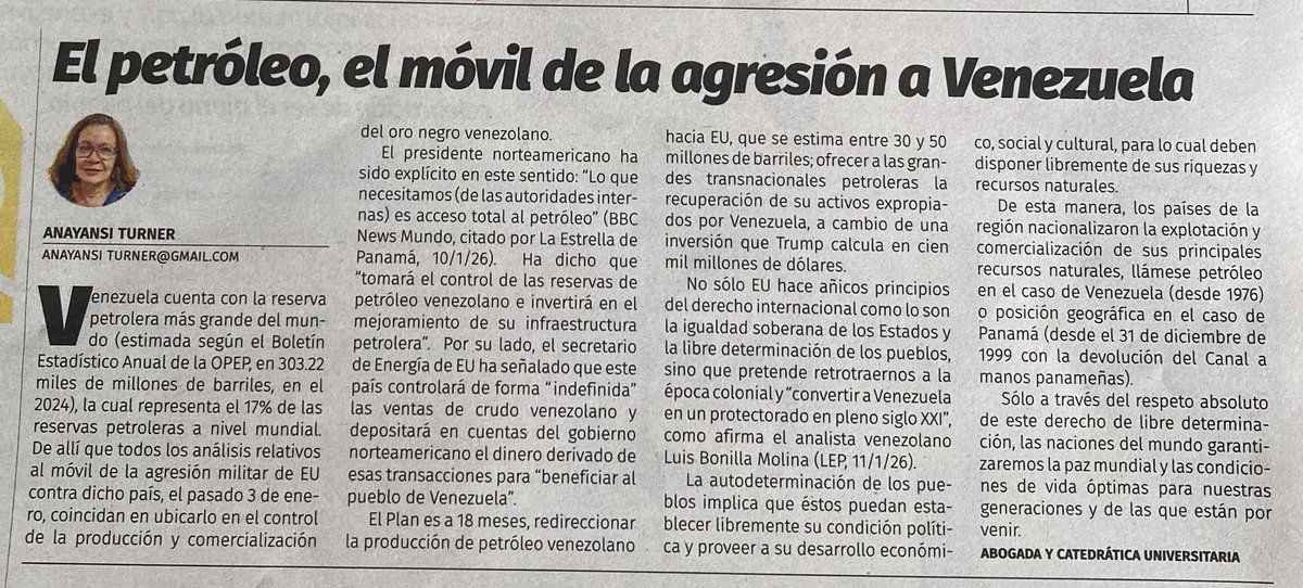 Mi artículo de hoy: “El petróleo, el móvil de la agresión a Venezuela”, en El Siglo (martes 20/1/26)