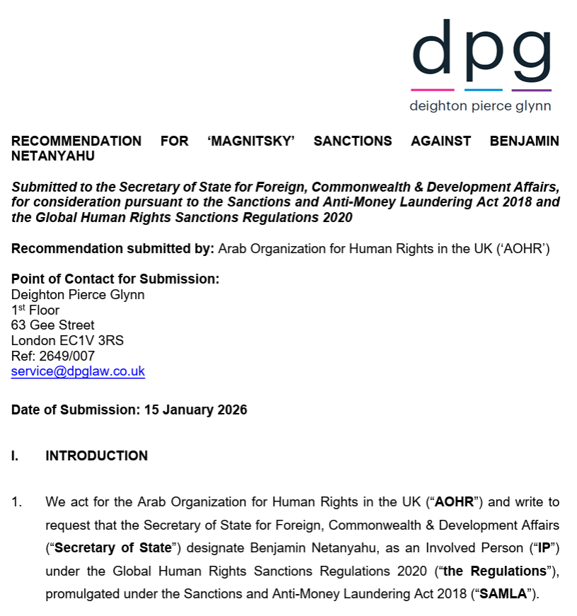 declassifiedUK's tweet image. A human rights NGO has filed a request for UK sanctions against Israeli PM Benjamin Netanyahu.

Law firm Deighton Pierce Glynn has lodged the request with the Foreign Office on behalf of the Arab Organisation for Human Rights UK.

acrobat.adobe.com/id/urn:aaid:sc…