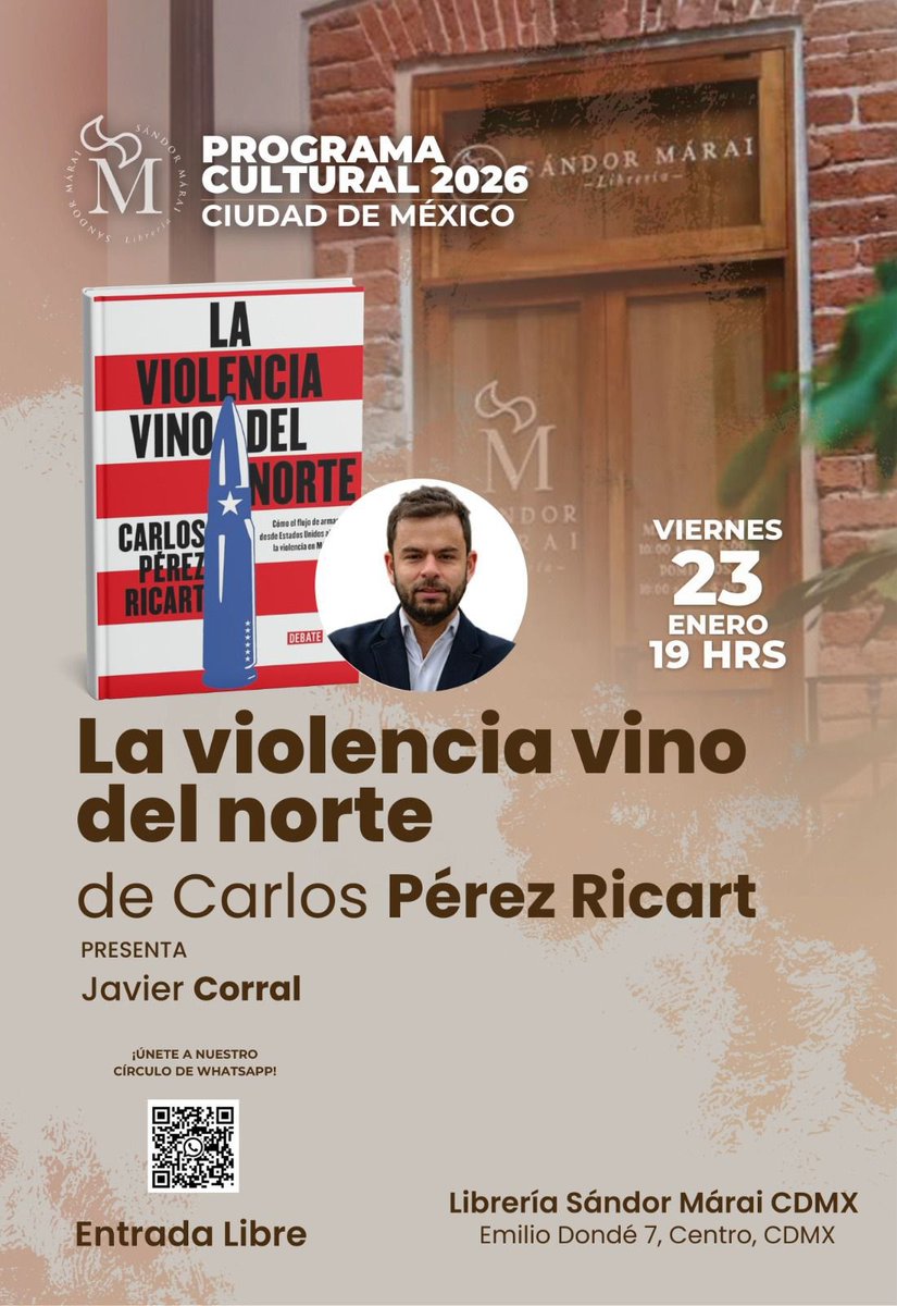 vannessarr's tweet photo. Redoble de tambores.

Este viernes presentamos La violencia vino del norte, de @perezricart en @SandorMaraiCDMX con @Javier_Corral 

Si quieres entender cómo funciona el tráfico de armas entre el país del norte y el nuestro, este es el sitio.

Habrá vino🍷 https://t.co/UkOx5kFxNQ