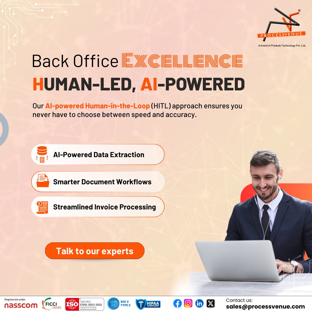 ProcessVenue's tweet image. AI + automation handle repetitive back-office tasks. Human expertise ensures accuracy and control. 

That’s our Human-Led, AI-Powered (HAI) approach.  

👉 Visit: processvenue.com 

#ProcessVenue #ProcessAutomation #BackOfficeOperations