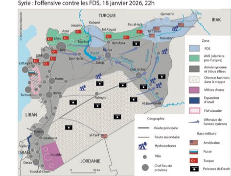 BastionMediaFR's tweet photo. 🔴🇫🇷🇸🇾 𝗔𝗟𝗘𝗥𝗧𝗘 𝗜𝗡𝗙𝗢 — SYRIE : des MILLIERS de DJIHADISTES de l’État islamique s’évadent de prisons kurdes pendant l’offensive syrienne menée par les hommes d’Ahmed al-Sharaa. Un risque majeur de nouvelles attaques TERRORISTES en France et en Europe.

Les Forces démocratiques syriennes, alliées de l’Occident dans la lutte contre l’État islamique, sont mises en grande difficulté par l’offensive menée par le régime syrien dirigé par Ahmed al-Sharaa. 

Depuis le 13 janvier, plusieurs zones stratégiques, dont Raqqa et Deir ez-Zor, sont tombées. Le cessez-le-feu annoncé le 18 janvier a volé en éclats, entraînant de violents combats.

Les affrontements se concentrent désormais autour de prisons et de camps contrôlés par les forces kurdes, notamment Al-Hol, Al-Shaddadi et Al-Atan. 

👉 Ces sites abritent environ 10 000 combattants de l’État islamique, dont des centaines d’Européens et de Français, ainsi que près de 43 000 personnes radicalisées.

Selon plusieurs sources concordantes, l’effondrement sécuritaire en cours aurait permis des évasions massives, en particulier autour du site d’Al-Shaddadi, où entre 200 et 1 500 djihadistes auraient déjà réussi à prendre la fuite, profitant du chaos, de la fuite de gardiens et de l’implication de groupes armés locaux.

Ces prisons constituaient jusqu’ici un verrou stratégique majeur pour la sécurité européenne. Les forces kurdes avaient capturé ces combattants lors des batailles contre l’État islamique à Raqqa, Kobané et dans la vallée de l’Euphrate. 

Leur affaiblissement fait craindre un scénario déjà observé par le passé, notamment lors des opérations d’évasion coordonnées menées par l’organisation terroriste.

Dans ce contexte, Emmanuel Macron a déclaré s’être entretenu avec le président syrien Ahmed al-Sharaa, évoquant la « préoccupation de la France face à l’escalade en Syrie » et appelant à un cessez-le-feu permanent ainsi qu’à l’intégration des Forces démocratiques syriennes à l’État syrien, au nom de « l’unité et de la stabilité » du pays.

La dispersion de TERRORISTES, parmi lesquels figurent des profils francophones, fait craindre une réactivation de réseaux dormants en Europe. 

La France, déjà frappée par des attentats terroristes liés à des filières syriennes, notamment le 13 novembre 2015 au Stade de France, sur les terrasses parisiennes et au Bataclan, pourrait se retrouver en première ligne en cas de résurgence de la menace djihadiste.

(Sources : Al Jazeera, Reuters, ISW, déclaration Emmanuel Macron, sources locales FDS)