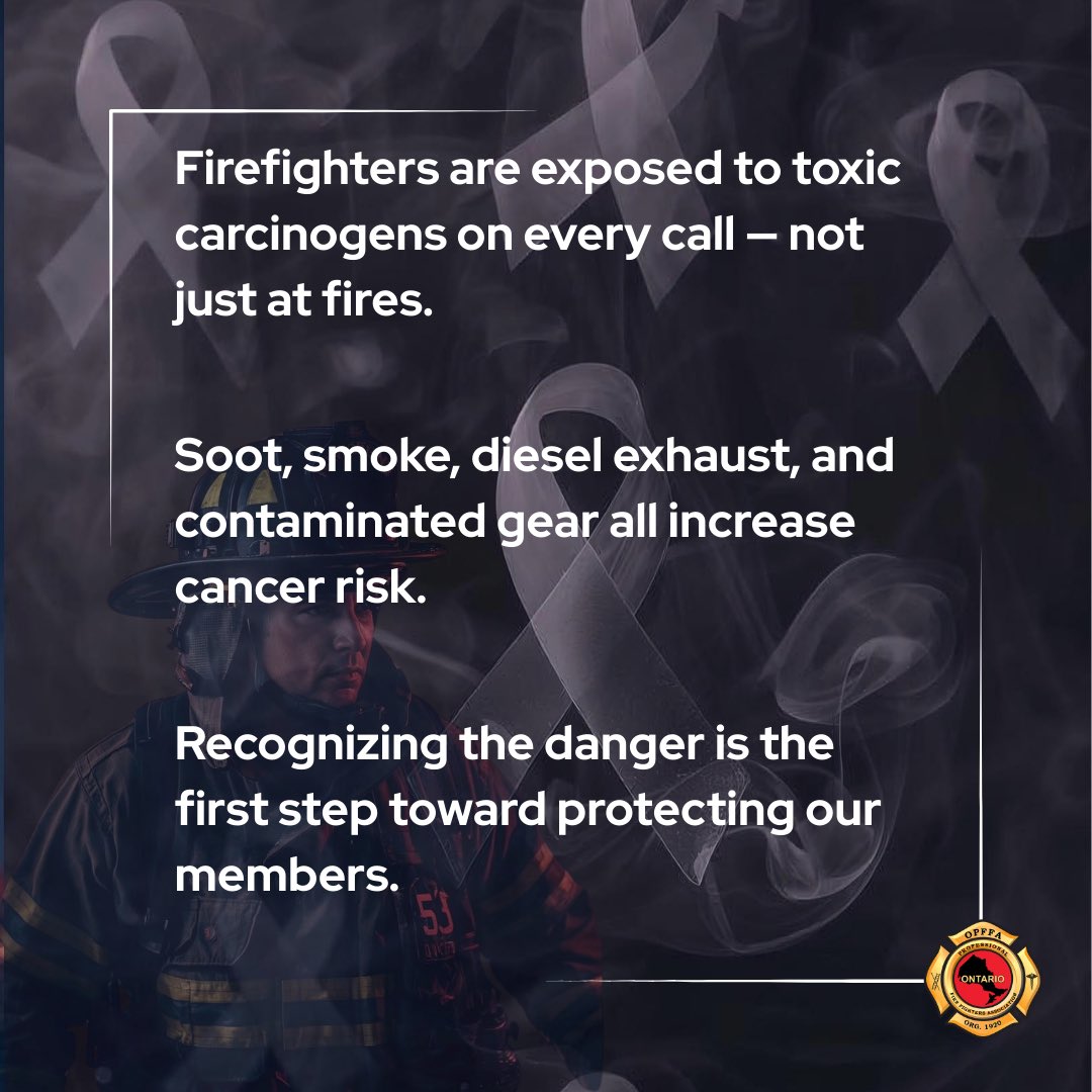 Firefighters are exposed to toxic carcinogens on every call, not just at fires.  Soot, smoke, diesel exhaust, and contaminated gear all increase cancer risk. Recognizing the danger is the first step toward protecting our members.  #KnowTheRisk #FireFighterCancer #OPFFA