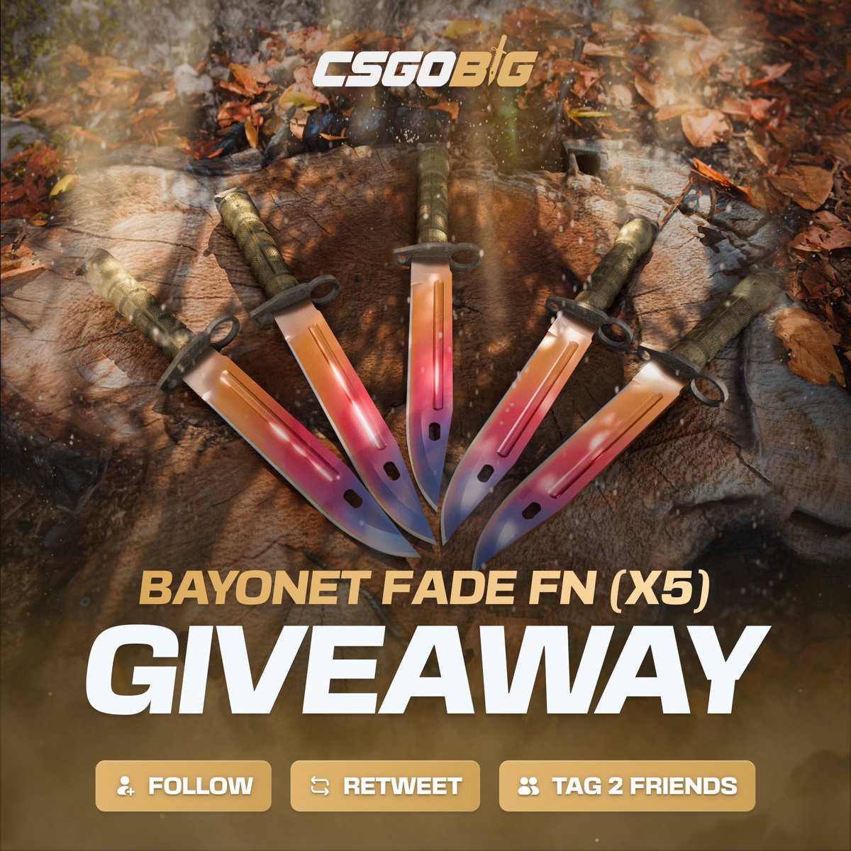 csgobig's tweet image. CS2 Giveaway - 5x Bayonet Fade (Factory New)

• Like &amp;amp; Retweet 
• Follow @CSGOBig
• Tag your friends  

Five winners will be announced next week!