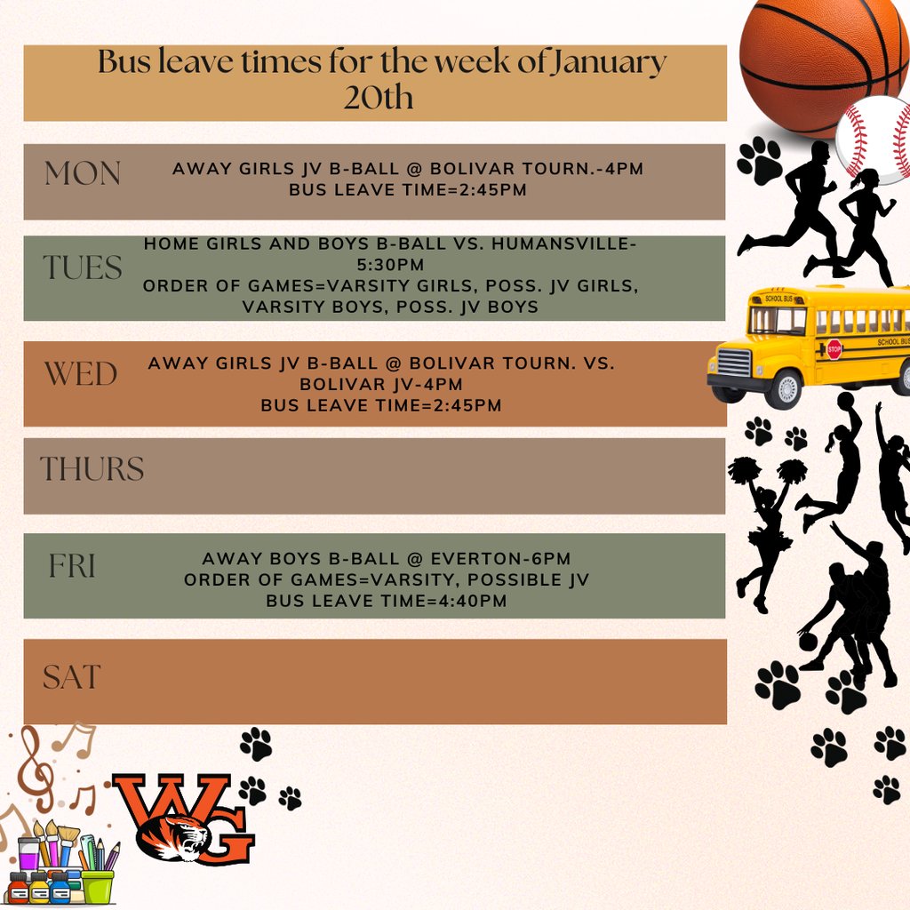 Bus leave times for the week of January 20th!