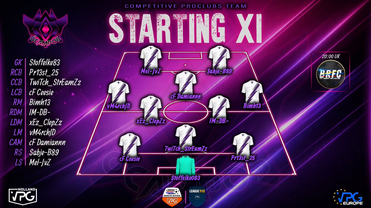 💜MATCHDAY BRFC DAY 8💜

Our line-up for tonight! 💜💎

Preseason continues with tonights <a href="/BRFCHub/">BRFC Hub</a> tournament!

Trying out a different formation tonight!

Follow it on: twitch.tv/ocamposesports