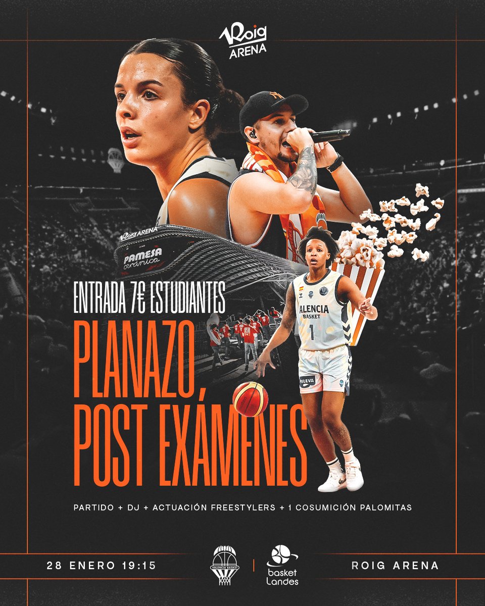valenciabasket's tweet photo. ¡Planazo post-exámenes!
Si eres estudiante, ven a disfrutar del VBC Femenino en el Roig Arena el 28 de enero (sólo 7€)😎

🎟️ Entrada exclusiva estudiantes: 7€
Incluye: partido Euroliga femenina 🏀 + DJ 🎧 + actuación de los freestyler Hander y Soen 🎤 + 1 consumición palomitas 🍿

¿Cómo comprar la entrada?
1. Accede al Link: https://t.co/rX6Q1eb1YX
2. Selecciona las entradas
2. Introduce el código promocional: VBCESTU (máx. 2 entradas con descuento por compra; válido en todas las zonas excepto VIP y sector 103)
3. Resérvate la fecha

📍 Roig Arena | 🗓️ 28/01 | 🕖 19:15
🚪 Acceso C2 (apertura de puertas 1h y 30 antes)

ℹ️ Importante:
* Lleva acreditación de estudiante (carné de estudiante o carné joven) ya que se solicitará en el control de accesos.
* Si tus acompañantes no son estudiantes, aplica el código solo a tu entrada.
* Palomitas: recuerda guardar tu entrada para poder canjearlas.
* Disfruta del 5% en la tienda VBC.

¿Te vienes?🏀🙌🧡