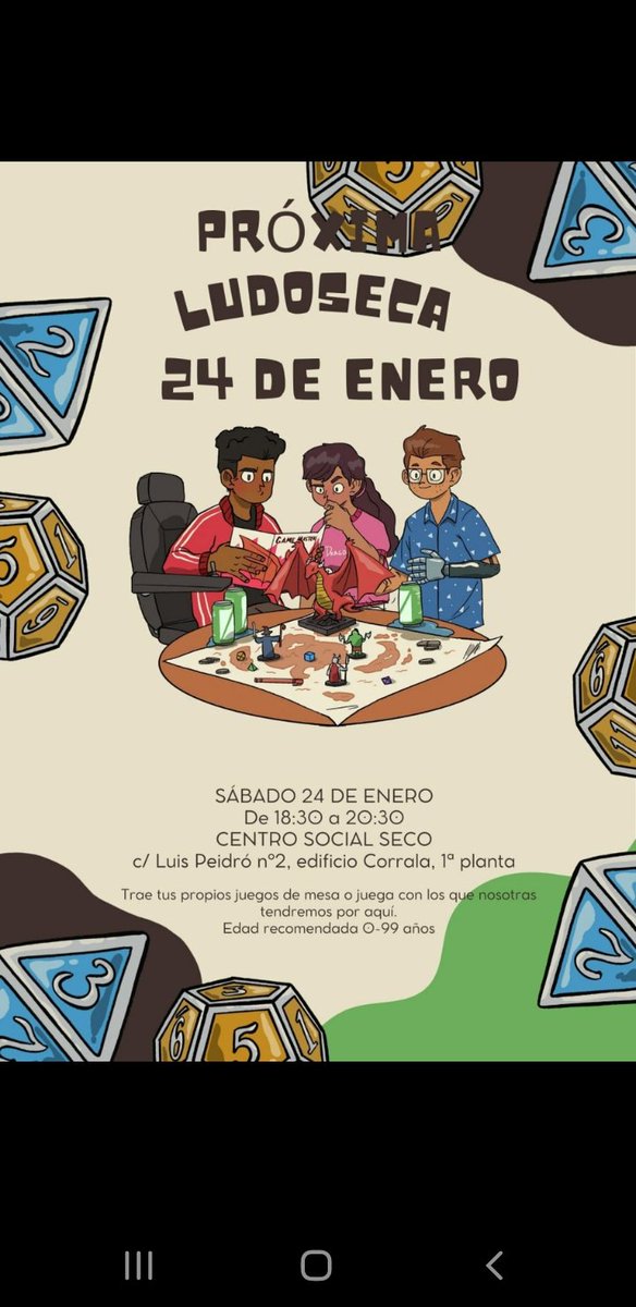 ¿Te han traído los Reyes nuevos juegos? ¿Quieres probarlos en la mejor compañía? Primera ludoseca del año, el próximo sábado 24 a las 18:30 en el Centro Social Seco.
Sin juegos también eres bienvenido/a. 
¡Nos vemos!