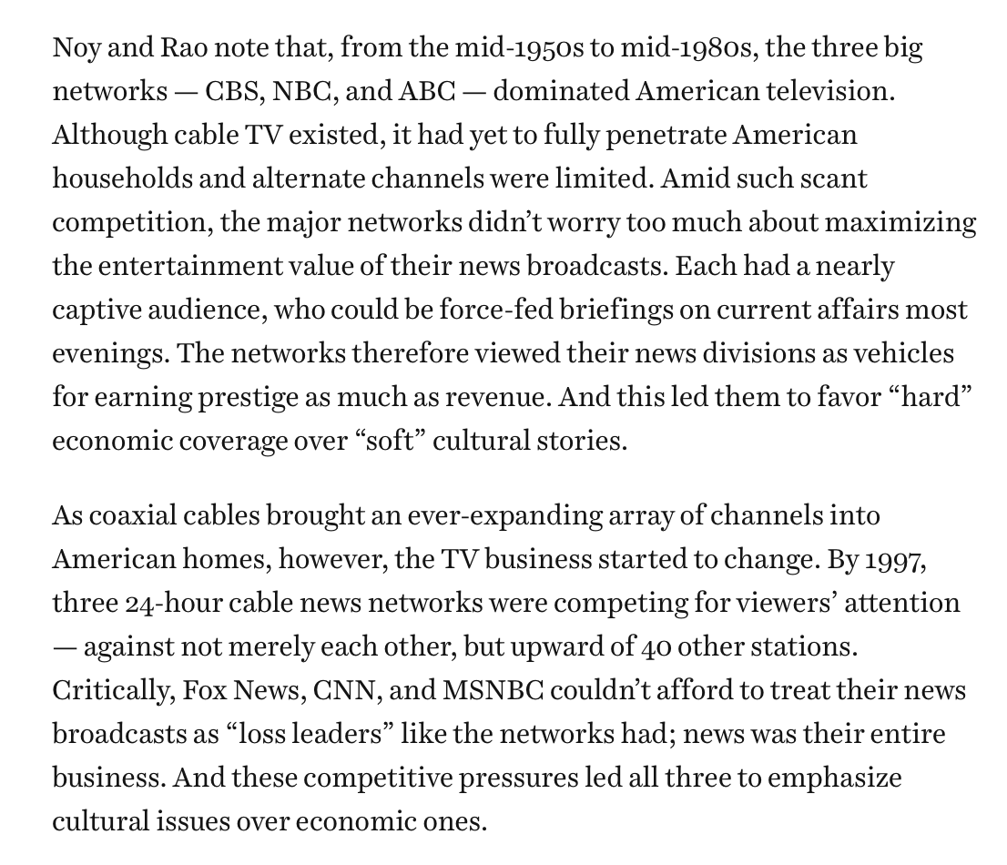 EricLevitz's tweet photo. Over the past 4 decades, the culture war's rise realigned American politics -- pushing working-class voters right and college grads left. 

A new study offers a simple theory for why this happened: Americans' at-home entertainment options got too good. 
https://t.co/qPVTXPsgFF https://t.co/tdOg5uudmj