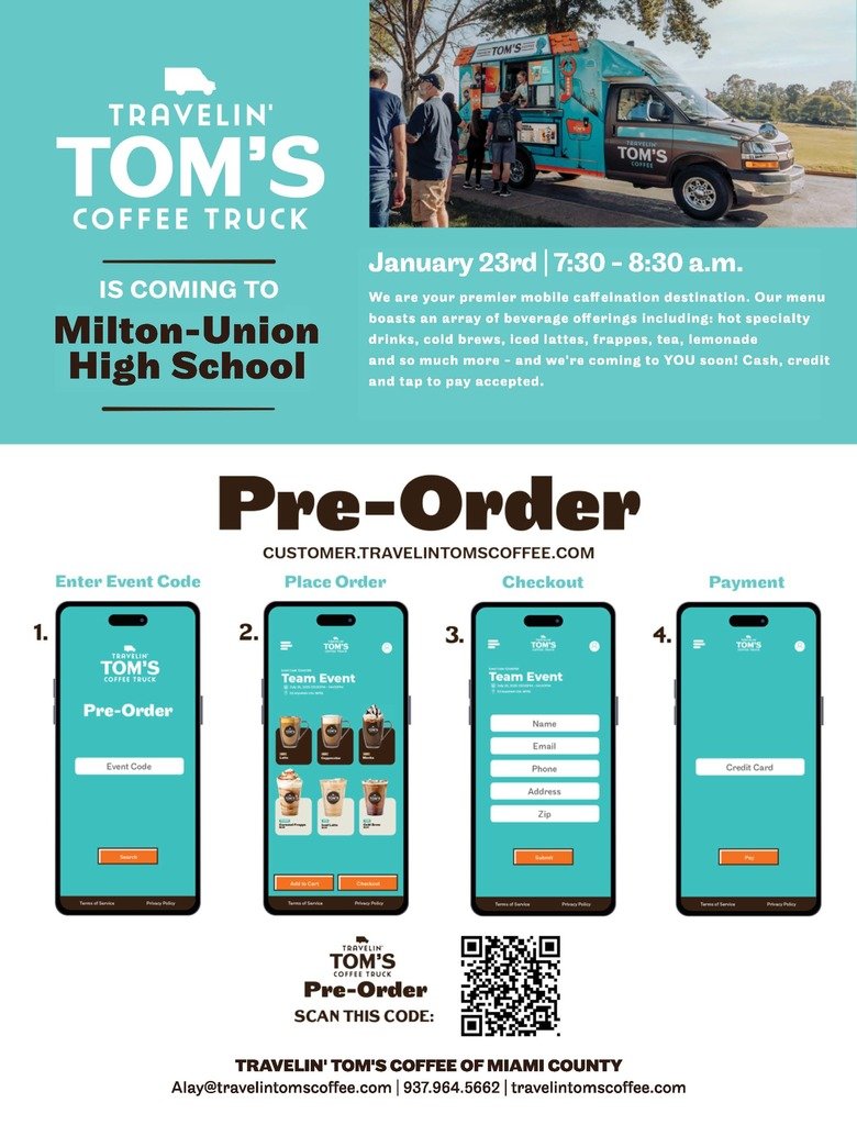 Travelin' Tom's coffee truck will be returning to MUHS on Friday, January 23 during Bulldog Break (8:00-8:30am). We would like to encourage students to preorder to help things move smoothly.