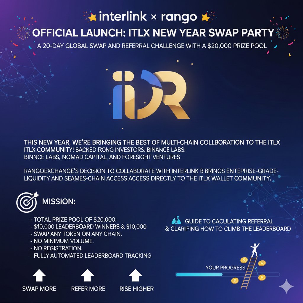 MvsThara98599's tweet photo. [InterLink × Rango] 🎉 OFFICIAL LAUNCH: ITLX New Year Swap Party
A 20-day global swap and referral challenge with a $20,000 prize pool.
#interlink
#Web3FutuInterLink
#InterLinkToken
#ITLG
#ITL
#OwnershipEvolution
#ReserveAsset
#InstitutionalAdoption
#CryptoRevolutionre https://t.co/5BOaWVhxnt