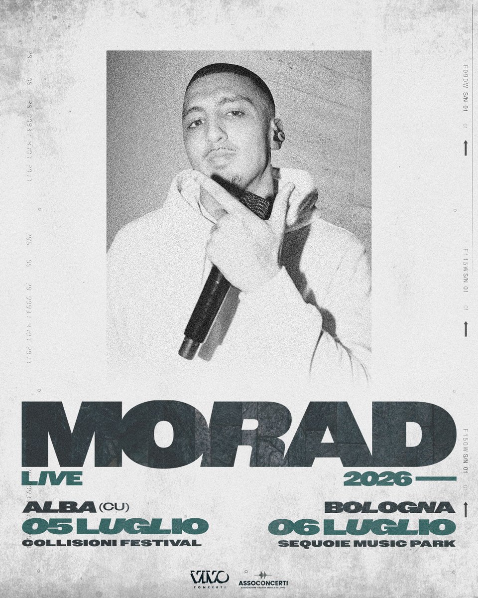 TicketOneIT's tweet photo. 🎤 #Morad torna in Italia per due imperdibili appuntamenti estivi!
Il rapper spagnolo torna sui palchi italiani nel 2026 con tutta la sua energia, pronto a farci cantare a squarciagola🔥 

📆 5 luglio 2026 | Alba, Collisioni Festival 
📆 6 luglio 2026 | Bologna, Sequoie Music Park 

🎫 Biglietti disponibili online dalle 14.00 di domani 21 gennaio su
https://t.co/i3ZPEXvbEt
