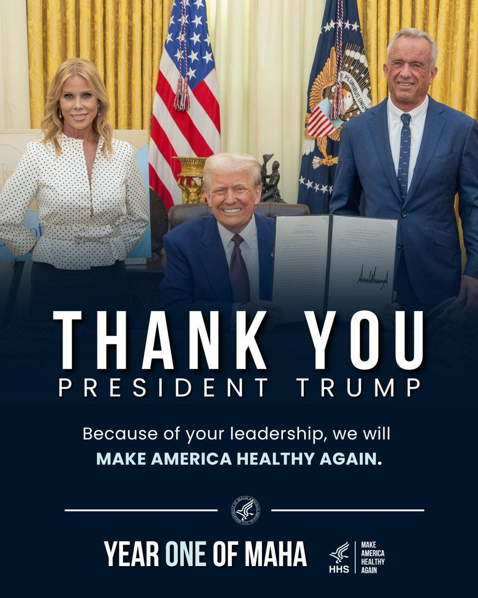 Today marks one year since President Trump began his second term. Because of his leadership, we are advancing meaningful change and remain laser-focused on our mission to MAHA. Thank you, <a href="/POTUS/">President Donald J. Trump</a>. 🇺🇸