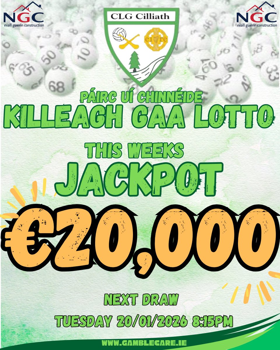 KilleaghGAA's tweet photo. This week’s Killeagh GAA Lotto draw takes place tonight @ 8.15pm. Jackpot is a massive €20,000!

Simply purchase your tickets online or in local businesses to be in with a chance of winning! Best of luck. 
https://t.co/NVPtwelz7V https://t.co/90xuF67Yp2