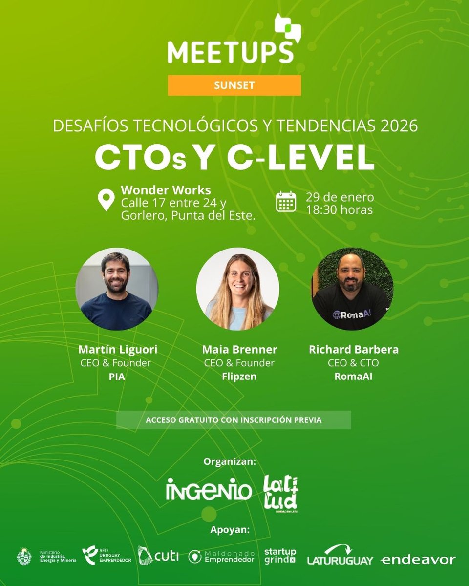 Este 29/01 nos unimos a @IngenioUy y <a href="/LATU_uy/">LATU</a> para debatir sobre el ecosistema emprendedor y cómo escalar empresas de producto y servicios en 2026.

👤Martín Liguori (<a href="/PIA/">JoAnne Pia Tabuena</a>),  Maia Brenner (<a href="/Flipzen/">Henk Flipsen</a>), Richard Barbera (<a href="/RomaAI/">rome</a>)

Inscribite acá: lnkd.in/dS6H7_AN 🔗