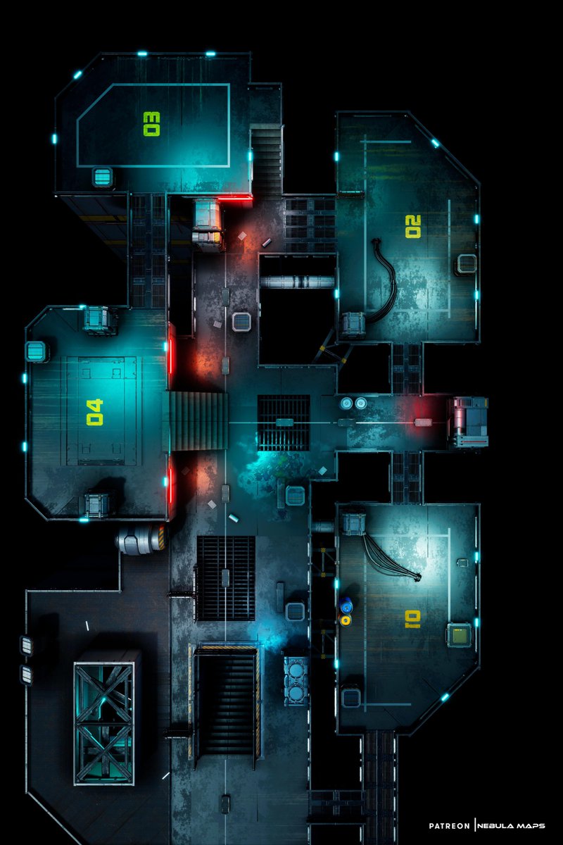 Amis rôlistes et surtout nos amis pour le #jdr type #Cyberpunk2077 ou #starwars . Voici une carte de Nebula qui propose une lieu d’atterrissage pour des véhicules volants. Y en a peu des cartes alors jetez y un œil reddit.com/r/battlemaps/c…  #rpg #tabletop