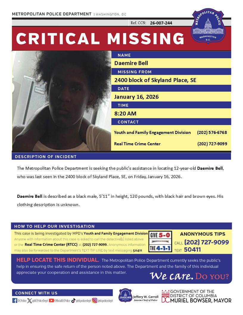 DCPoliceDept's tweet image. Critical Missing Person 12-year-old Daemire Bell, who was last seen in the 2400 block of Skyland Place, SE, on Friday, January 16, 2026.     

Have info? Call 202-727-9099 or text 50411.