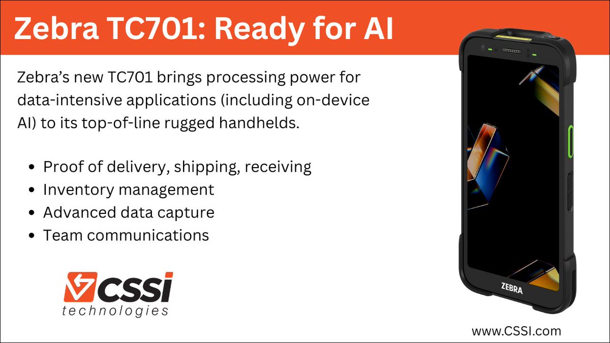 Zebra's new TC701 features an upgraded processor capable of data-intensive applications such as on-device AI. Power up your connected remote workers for data capture and mobile applications and support. cssi.com/2026/01/19/zeb…