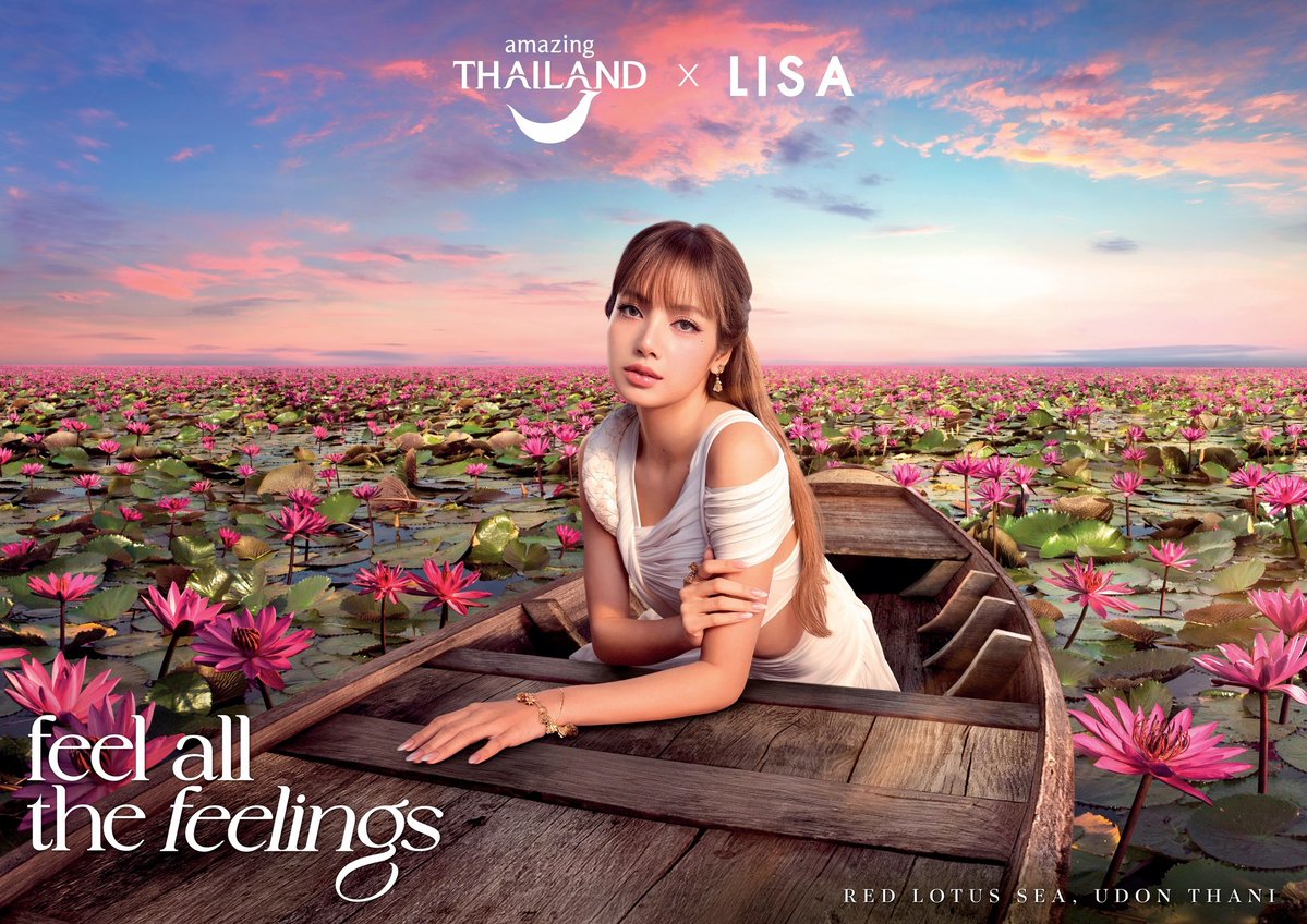 #LISA looks so beautiful as Thailand's pride and the Amazing Global Ambassador for Amazing Thailand, wearing a flowing dress by Thai brand Muscovy, chilling on the enchanting Red Lotus Sea in Udon Thani Province. The image conveys the concept of ‘Feel all the Feelings’ through a