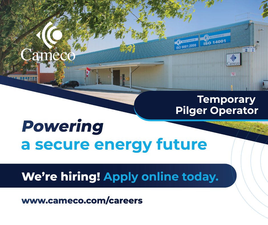 Energize your career with Cameco and help to power a secure energy future. 
CFM Cobourg currently has a position open for a Temporary Pilger Operator. 
Apply online today! ow.ly/jjW450Y06nH