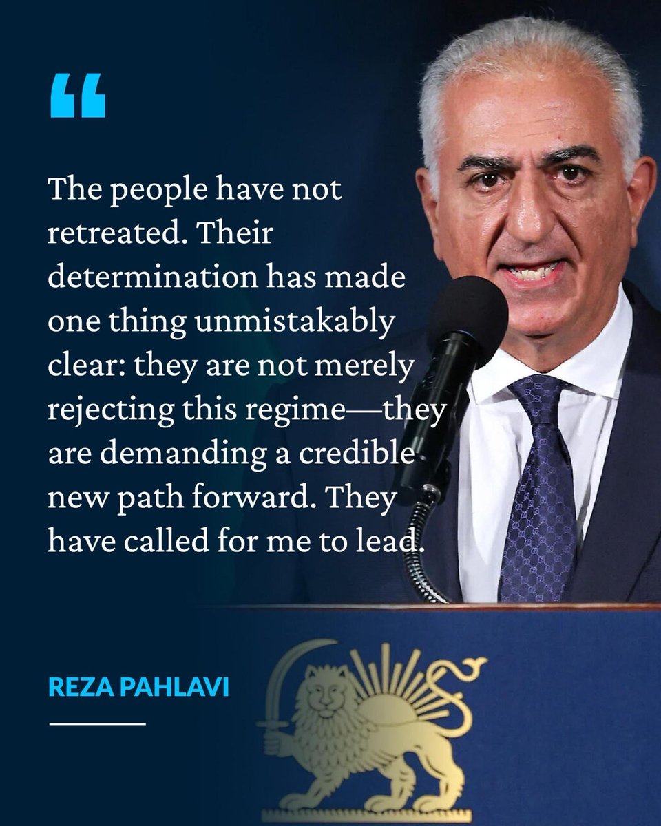 PahlaviComms's tweet image. "The people have not retreated. Their determination has made one thing unmistakably clear: they are not merely rejecting this regime - they are demanding a credible new path forward. They have called for me to lead."

Prince Reza Pahlavi
Washington, D.C.
January 16, 2026⁩