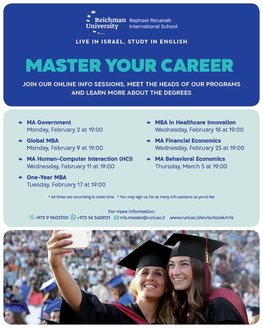 ONLINE INFO SESSIONS with the Heads of Programs!
From February 2nd to March 5th, #RRISl will be starting info sessions for our specific Graduate programs.
Invest in your academic career here with us at <a href="/ReichmanUni/">אוניברסיטת רייכמן Reichman University</a>!
RSVP -> lnkd.in/eA8BGBii
Live in Israel, Study in English