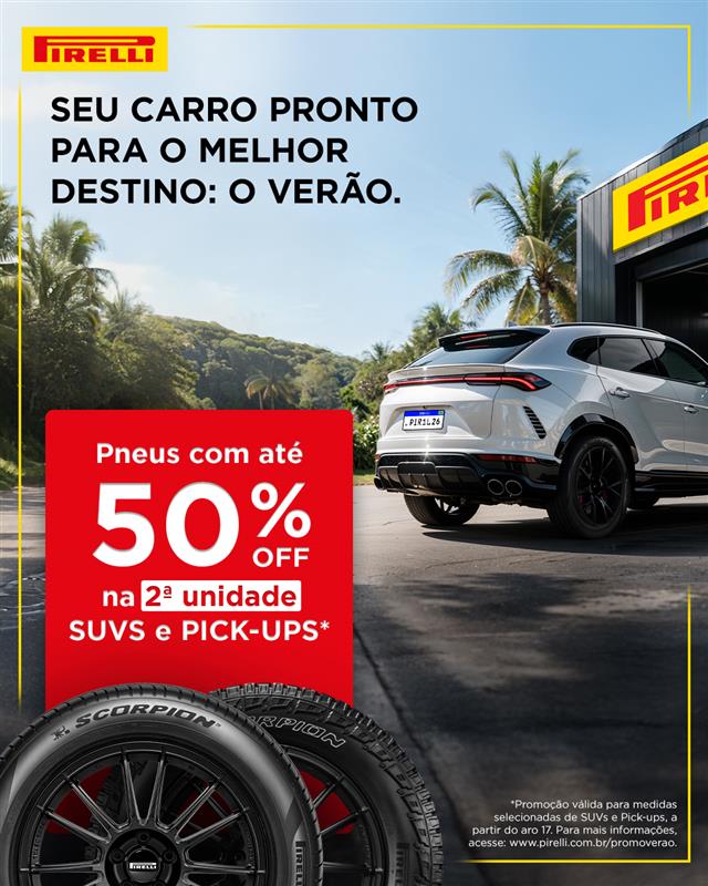 Nossa promoção continua a todo vapor e o verão também!
Aproveite a temporada para equipar sua SUV ou pick-up com até 50% de desconto na segunda unidade de pneus selecionados, nas revendas oficiais.

Saiba mais: pirelli.com/tyres/pt-br/ca…

#PirelliBR #PromoçãoVerão