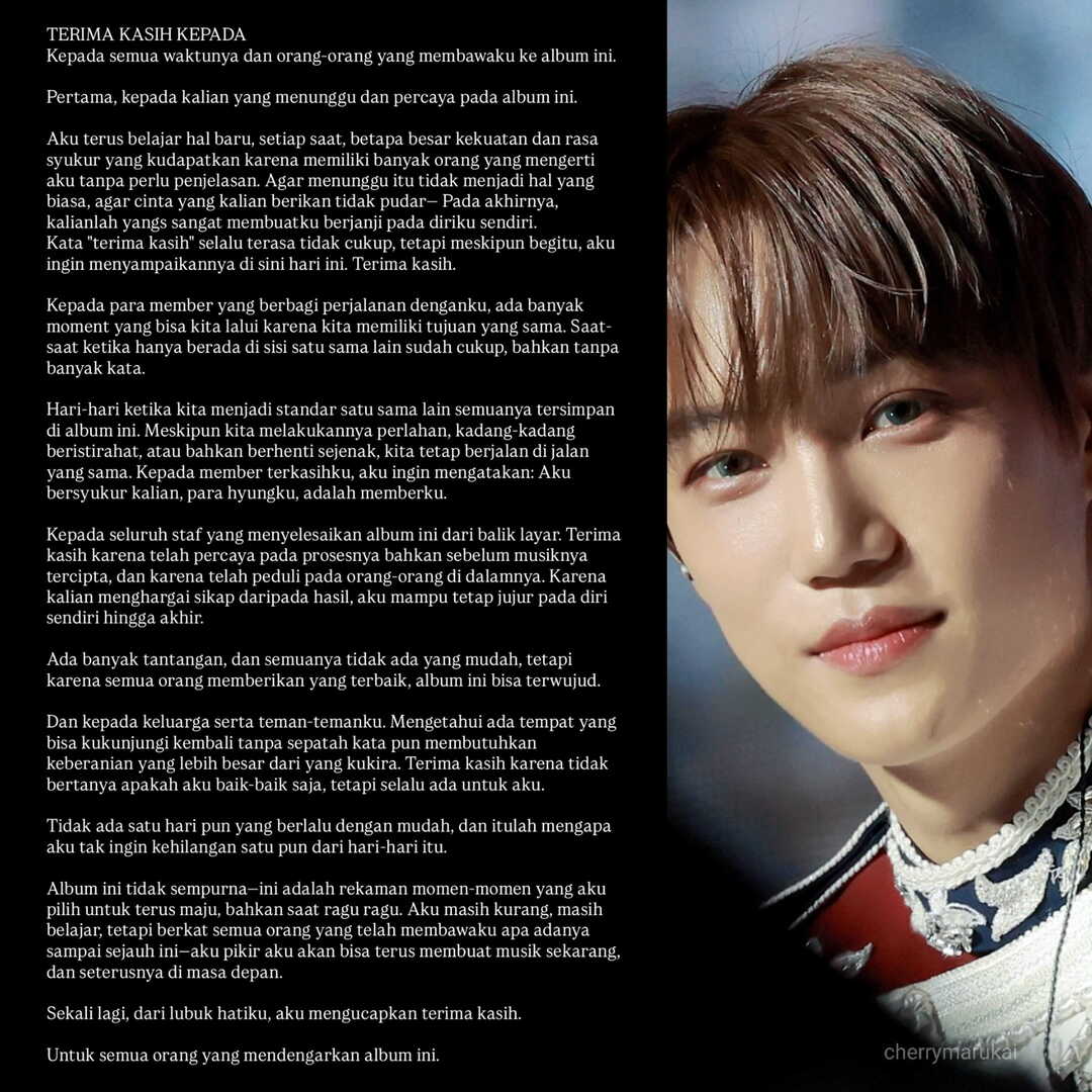 aeribase's tweet image. /ab/ ga mau nangis sendirian baca “Thanks To” nya Kai di album reverxe. Jongin selalu pinter merangkai kata dan punya cara paling indah untuk nyampein perasaannya 🥹 

Yuk kita support EXO sekeras yang kita bisa ❤️
