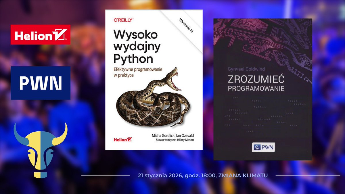 Na edycji styczniowej #PyStok pojawią się dwie rewelacyjne drukowane książki do wygrania. Bądźcie aktywni podczas Q&amp;A pod koniec obu zaplanowanych prelekcji.

Dziękujemy <a href="/PWNwydawnictwo/">PWNwydawnictwo</a> <a href="/helion_pl/">Książki</a> <a href="/HelionPL/">Helion.pl</a> za wspieranie naszej grupy!
