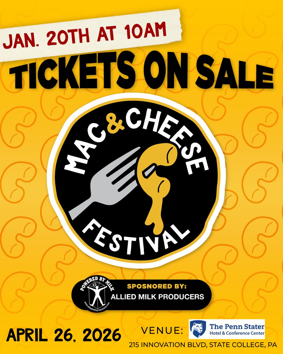 Mac &amp; Cheese Fest tickets are on sale NOW!!!!!

Head to StateCollegeMacandCheese.com to grab your tickets RIGHT NOW!

Join us on Sunday, April 26th, 2026 at the Penn Stater Hotel &amp; Conference for the second annual State College Mac &amp; Cheese Fest powered by Allied Milk Producers