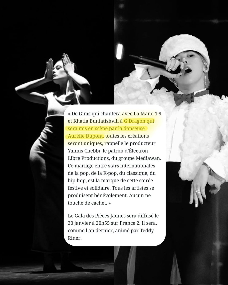 DaisyFamFr's tweet photo. The "Parisien" newspaper informs us that G-Dragon's performance at the Yellow Pieces Gala will be staged by the star dancer Aurélie Dupont. 

#gdragon #bigbang 

https://t.co/v4SDqxMNbx https://t.co/fu7of9l2mi