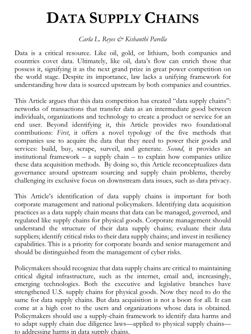 Kish_Parella's tweet photo. 1/ Companies treat data as fuel—but law still regulates it like exhaust.

Our new paper argues that how firms acquire data functions as a supply chain, not a byproduct. https://t.co/KIHnOE375l