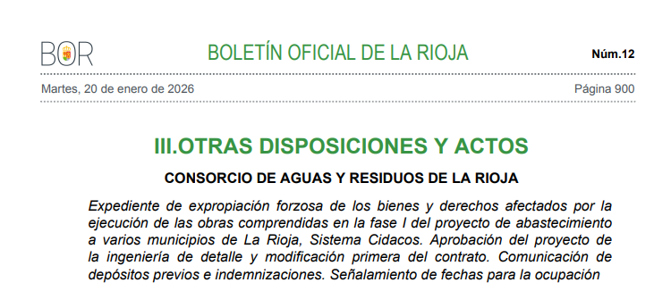 💧BOR 20/01/2026: Expediente de expropiación forzosa de los bienes afectados por la ejecución de las obras comprendidas en la fase I del proyecto de #abastecimiento Sistema Cidacos. #LaRioja

🔗ias1.larioja.org/boletin/Bor_Bo…