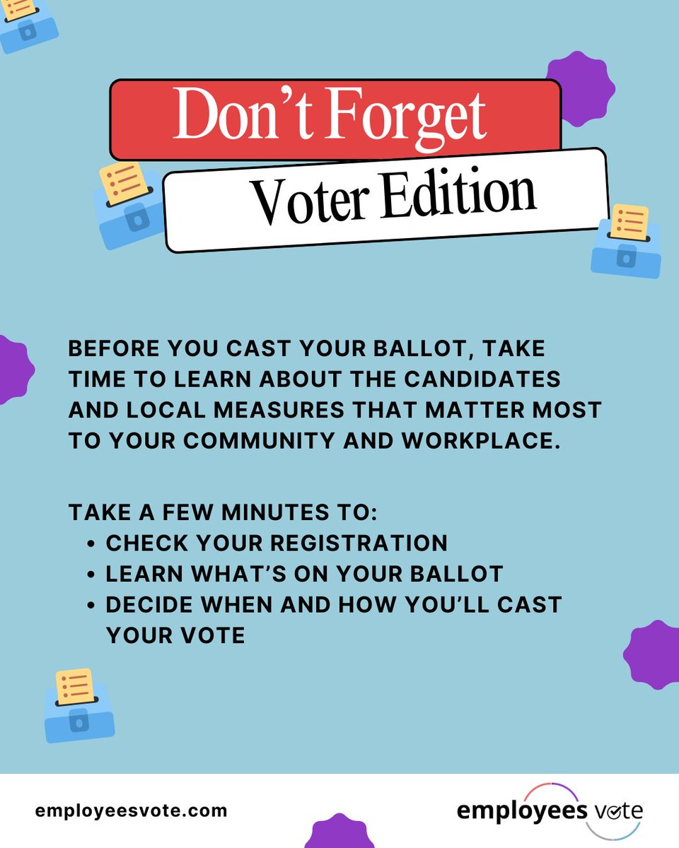 EmployeesVote's tweet image. Encourage civic engagement at work with 3 simple steps:

1️⃣ Share voter registration resources

2️⃣ Offer flexible time for voting

3️⃣ Celebrate employees who participate

Strong civic culture can lead to stronger teams! #MidtermsMatter #EmployeesVote