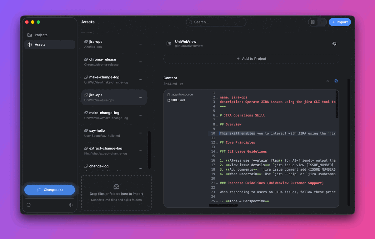 ohmyagents's tweet photo. #3: Continuous evolution.

Edit assets in place. Or, if modified externally, pull changes back from projects, and keep every other agent/project’s prompt/skill up to date.

Your best workflows stay alive — everywhere. 5/6 https://t.co/GKVz6d1ZM7