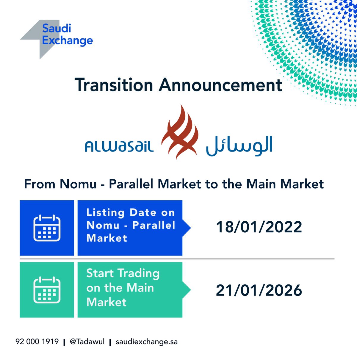 tadawul's tweet photo. Tomorrow, the transfer of Alwasail Industrial Co. from #NomuParallel Market to the #MainMarket.
Symbol: 4148.
#Saudi_Exchange https://t.co/HI7219C8cy