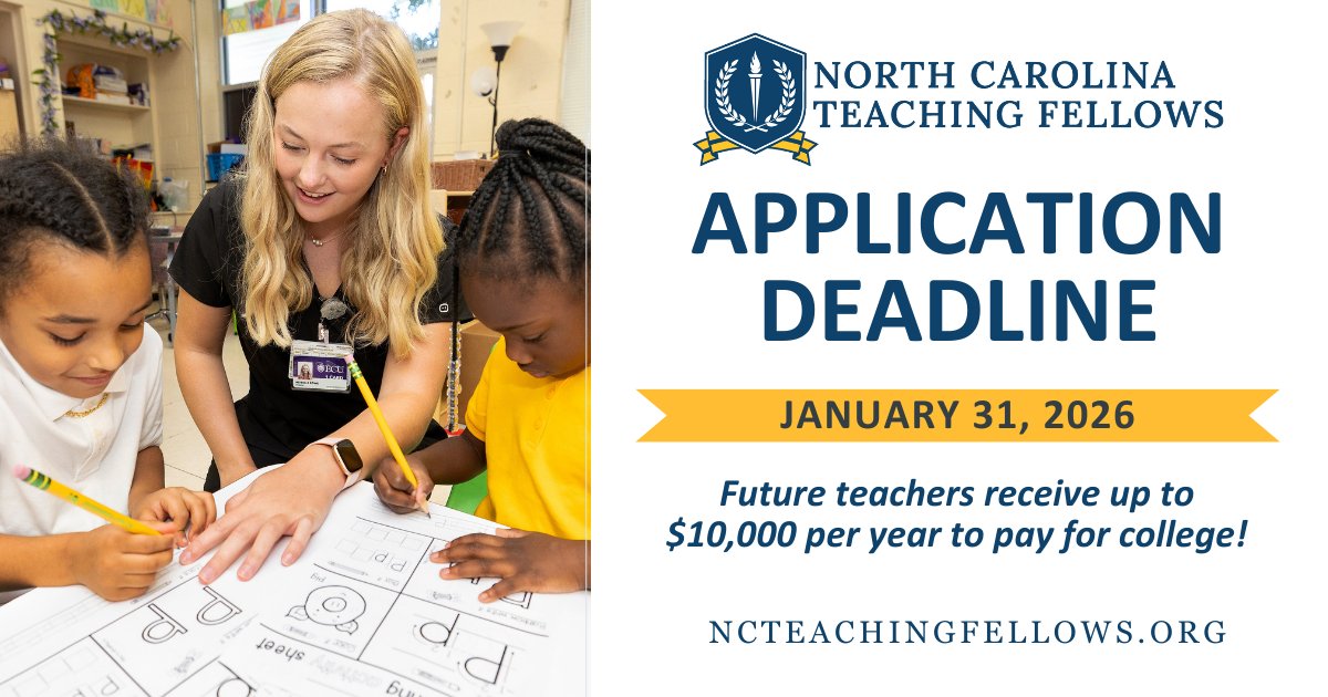 UNC_System's tweet image. Calling all future teachers! Did you know that the @NCTF_Program provides up to $10,000 per year in forgivable loans for students who commit to teaching in a NC public school after graduation? 🎓 Learn more and apply by January 31: ow.ly/ILLM50Y03zp #NCed #NCTeachingFellows
