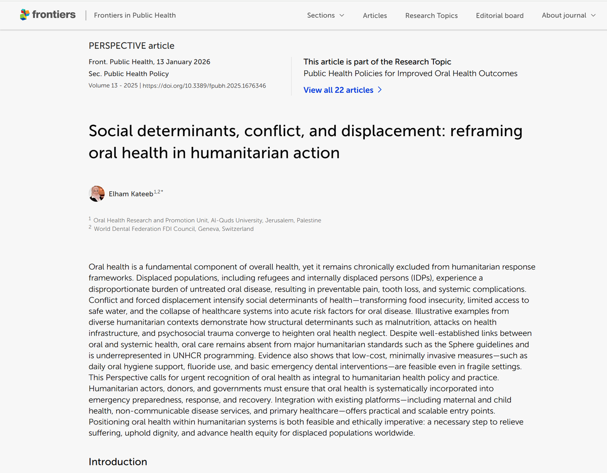 ElhamKateeb's tweet image. Happy to share my latest Perspective article published in Frontiers in Public Health about Social determinants, conflict, and displacement: reframing oral health in humanitarian action:  frontiersin.org/journals/publi…