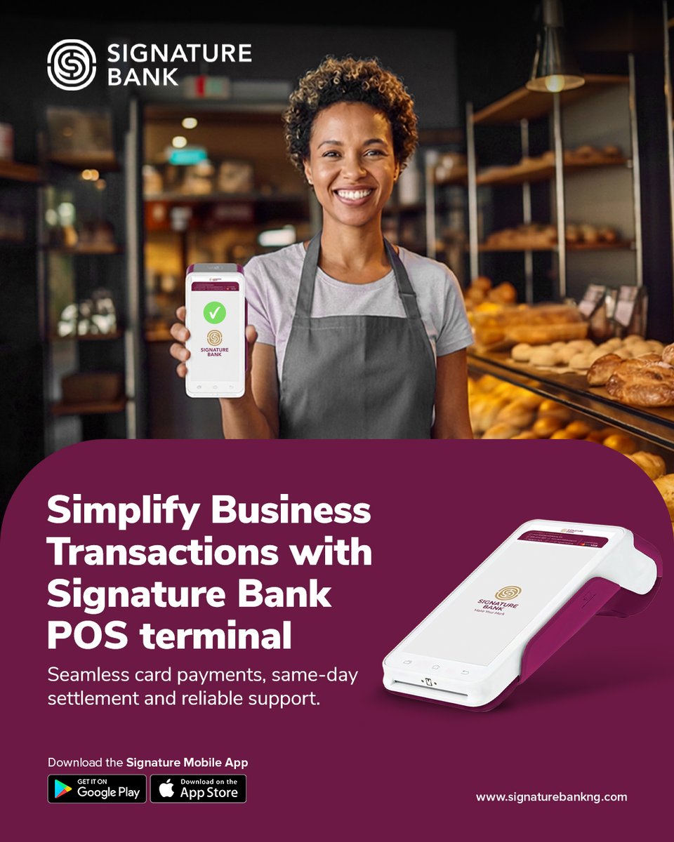 Signaturebankng's tweet photo. Smooth and efficient transactions are essential for everyday business operations.
 
Signature Bank POS offers seamless card payments, same-day settlement enabling businesses to manage transactions with ease and reliability.
Visit any Signature Bank branch to request a POS.
 
#SignatureBankNG #MakeYourMark #SignatureBankPOS