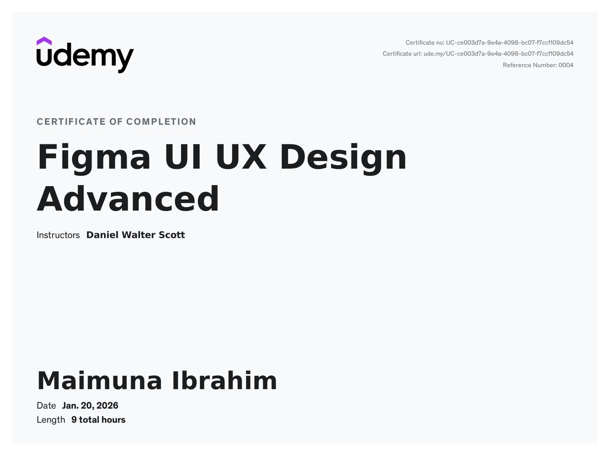 dev_maims's tweet image. I just completed my UI/UX Advanced course today.
Quietly proud of this milestone. 
Time to create some amazing designs.
#uiuxdesign