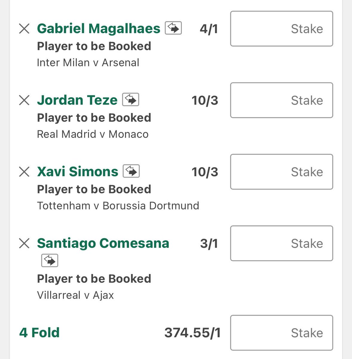 bettingvillage's tweet photo. 374/1 Champions League Cards Longshot 🟡🔴

Load all selections to your slip...

Here 👉🏼 https://t.co/t91uEIywR6

Any non starters will be voided.

All subs covered.

18+ https://t.co/a7lpD3SLWQ #AD T&amp;Cs apply https://t.co/D9kj7MXdsK