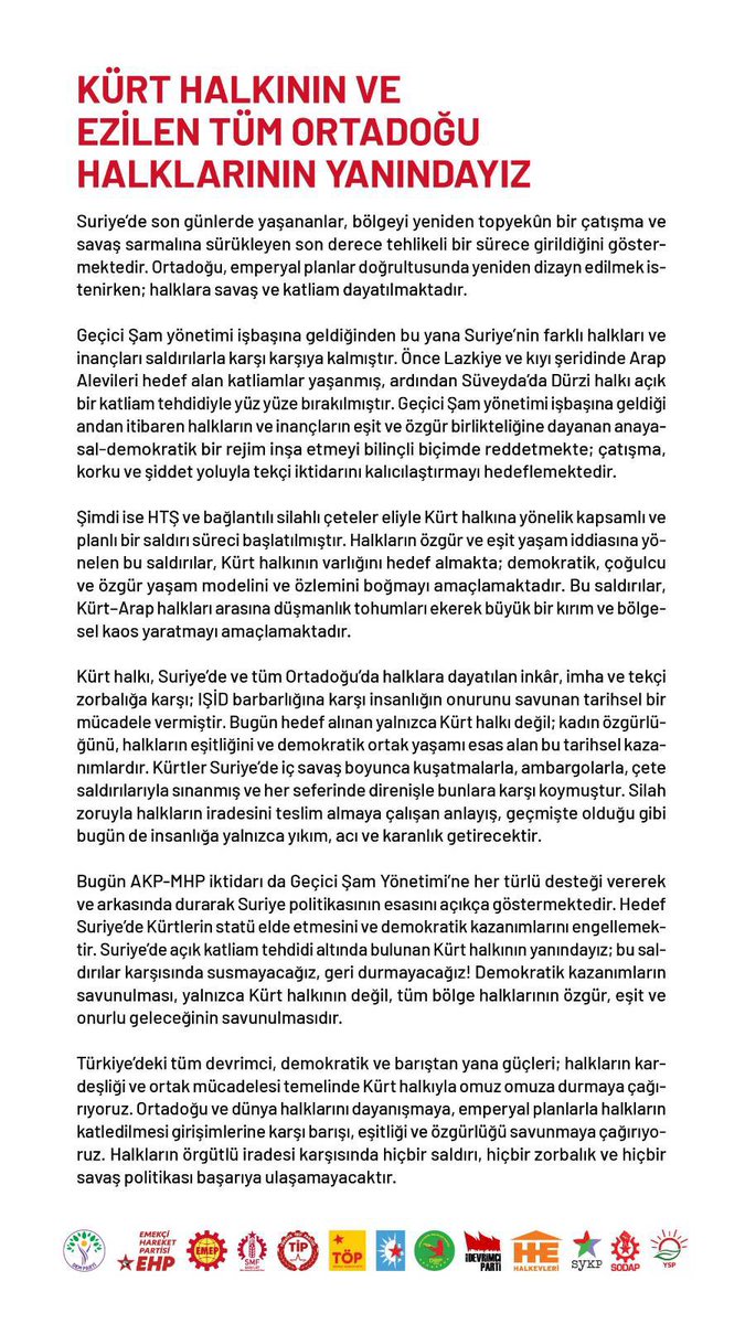 DEMGenelMerkezi's tweet image. Kürt halkının ve ezilen tüm Ortadoğu halklarının yanındayız…

DBP, DEVRİMCİ PARTİ, EHP, EMEP, ESP, HALKEVLERİ, SMF, SODAP, SYKP, TİP, TÖP ve YEŞİL SOL PARTİ ile ortak açıklamamız:

demparti.org.tr/tr/kurt-halkin…