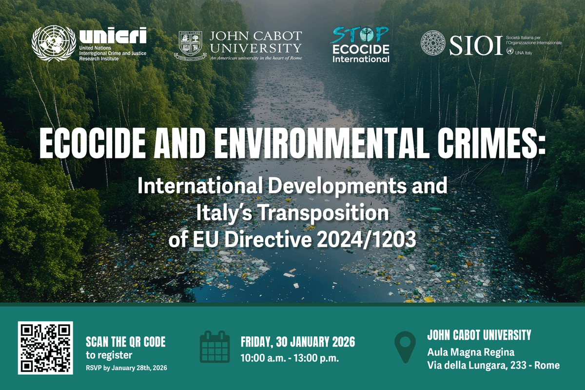 EcocideLaw's tweet photo. Could #ecocide soon be criminalised in #Italy?

Don't miss this event about #ecocide at @JohnCabotRome, co-organised with @UNICRI &amp; @SIOItweet.

📅 Fri 30 Jan, 10:00-13:00
📍Rome, Italy

More info: https://t.co/dFP37fNyFA

#StopEcocide @StopEcocidioIT https://t.co/RDQUeAiRNb