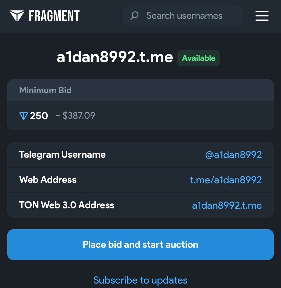 Collectionfts's tweet image. UNIQUE CHANCE!
Get @a1dan8992, a premium Telegram username!
Starting bid: 250 $TONCOIN
Bid now and elevate your brand! fragment.com/username/a1dan…
#LimitedTimeOffer #Telegram #a1dan8992