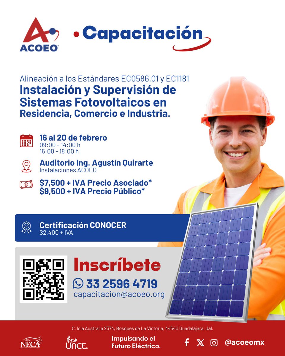 Te invitamos a participar en nuestro próximo curso de Instalación y Supervisión de Sistemas Fotovoltaicos, estándares EC0586.01 y EC1181.

Fecha: 16 al 20 de febrero.
Horario: 9:00 - 18:00 h.
📥 Informes/inscripciones:

📲 WhatsApp: 33 2596 4719
📧 Correo: capacitacion@acoeo.org