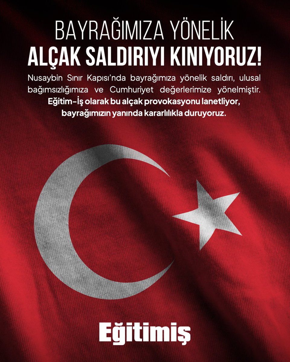 BAYRAĞIMIZA YÖNELİK ALÇAK SALDIRIYI KINIYORUZ!

Nusaybin sınır kapısında, şanlı bayrağımıza yapılan saldırı; Cumhuriyet değerlerini ve ulusal bağımsızlığımızı hedef almaktadır.

Bayrağımız; emperyalizme karşı verilmiş onurlu bir mücadelenin ve tam bağımsızlığımızın sembolüdür. Bu