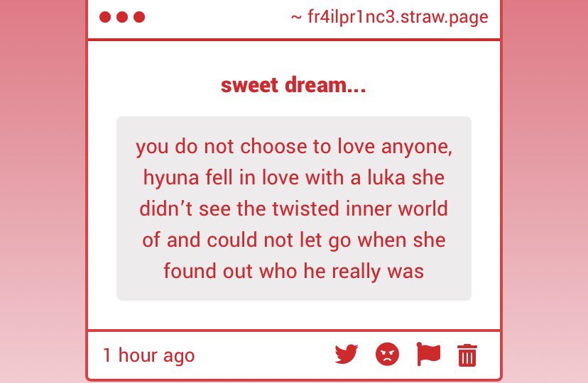 angeliclukaa's tweet image. WOW you are just so completely wrong. she was the only one who knew him ugliness and all. she LITERALLY said "a pitiful soul who never came to understand the meaning of love." she literally witnessed it and still loved him. and i'm saying she chose to still love him in the end.