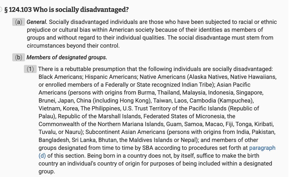 christopherrufo's tweet image. The Trump Administration's official SBA policy is that all racial groups except for whites are "socially disadvantaged," and, therefore, qualify for special grants. This includes groups with higher levels of education and income, such as Indians, Chinese, Koreans, and Taiwanese.